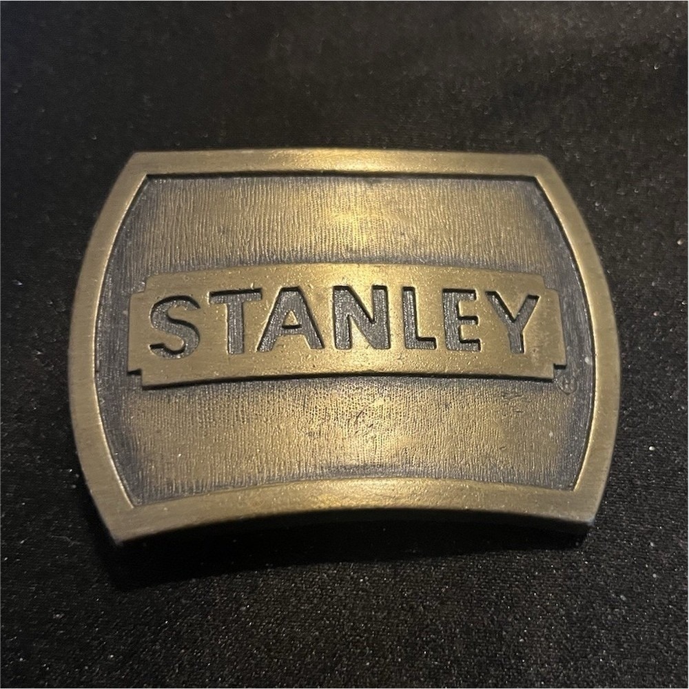 Vintage 1978 Stanley Tools Belt Buckle Brass Tone Metal Logo Workwear Hardware - Picture 1 of 2